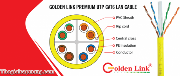 cáp mạng golden link premium link utp cat6 màu vàng là dòng sản phẩm chất lượng cao chuyên dùng cho công nghệ bootroom, camera quan sát và hệ thống cáp mạng